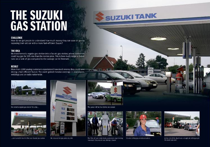 Une station-essence transformée en une nuit aux couleurs de Suzuki et 30% de remise sur le carburant pour symboliser la consommation réduite des Suzuki