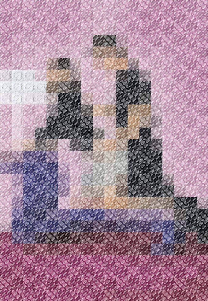 Une mosaïque d'emballage de préservatifs : le pixel sex Durex sur canapé
