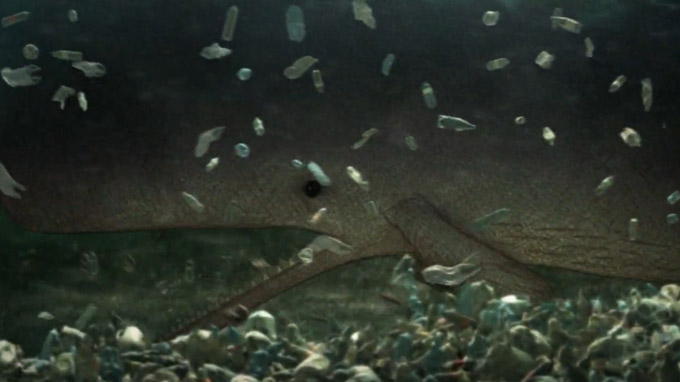 Une balein qui nage dans un océan de déchets en plastiques par la Surfrider Foundation 
