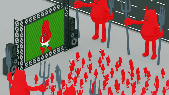La foule et les diables rouges devant l'écran par Nike et le studio Sticky Monster Lab