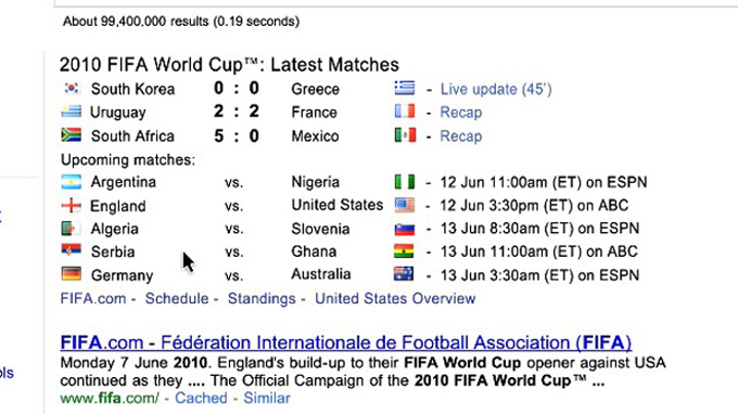 Les résultats de recherche Google renseignent sur les horaires et résultars des matchs