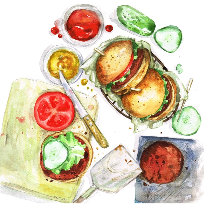 Watercolor Food Painting - Making burgers
